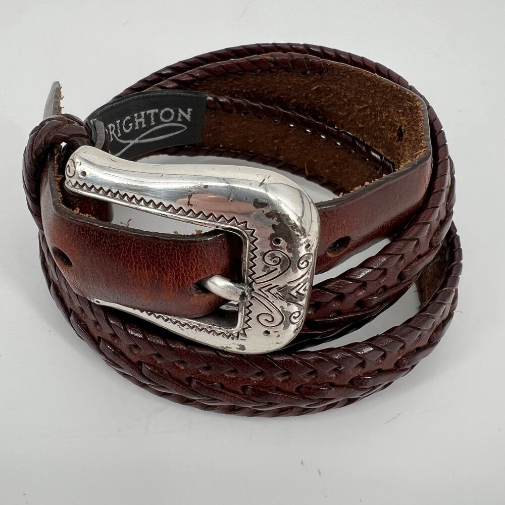 Vtg Y2k Brighton Whip Stitch Belt Women M/L 32 Dark Brown Leather Silver Buckle